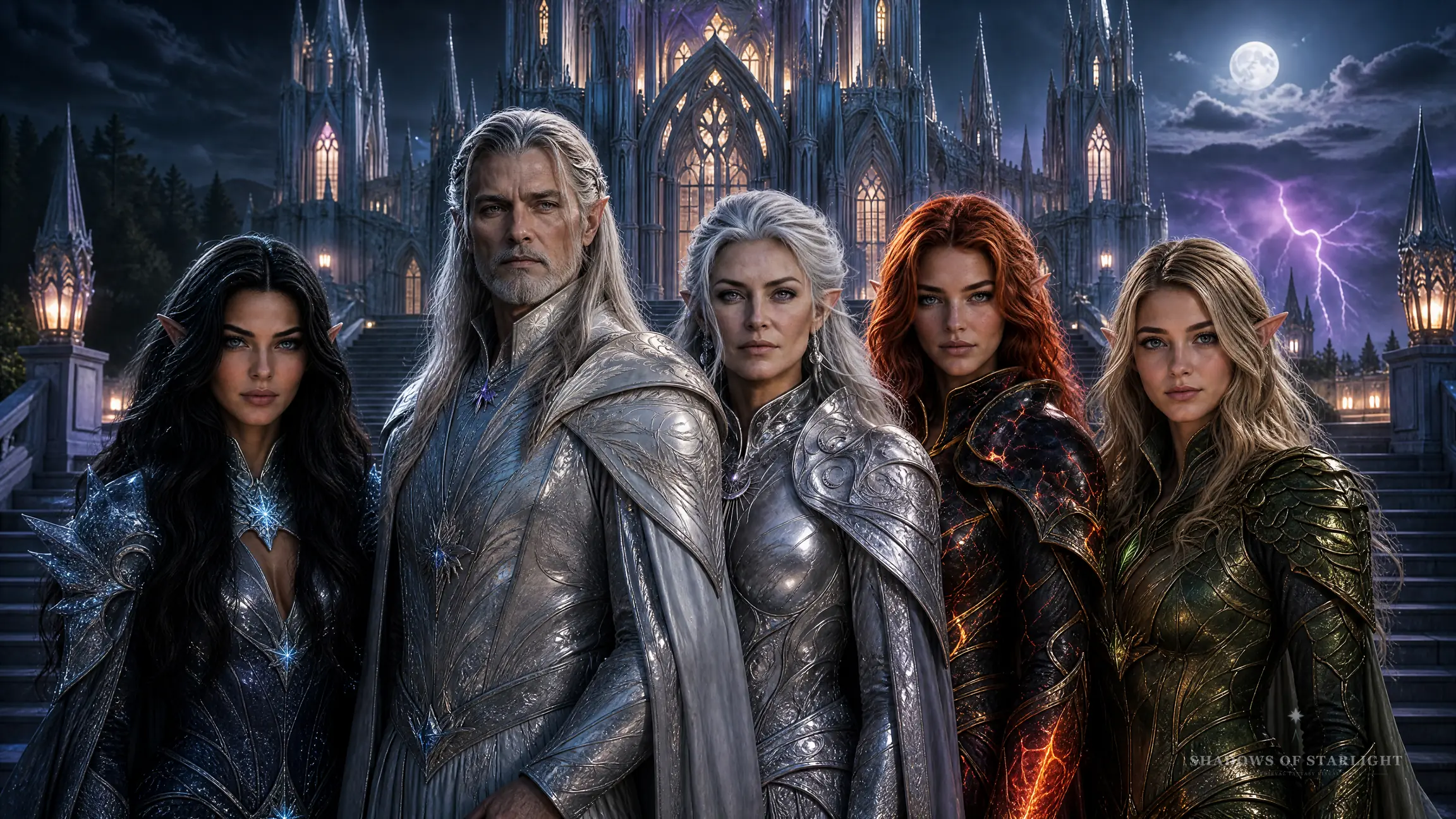 The Sternenfall family in the moonlight before the castle