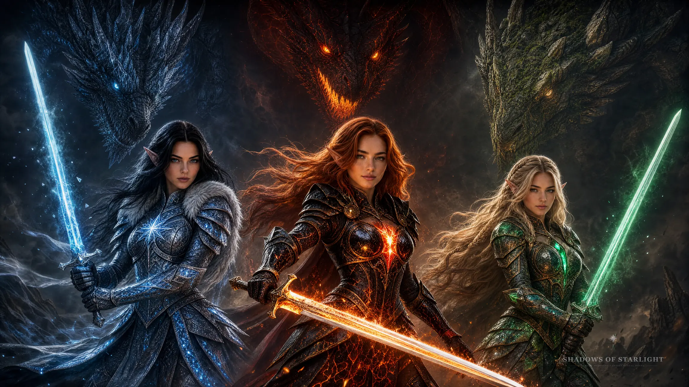 The three Sternenfall sisters in battle armor, three dragons behind them