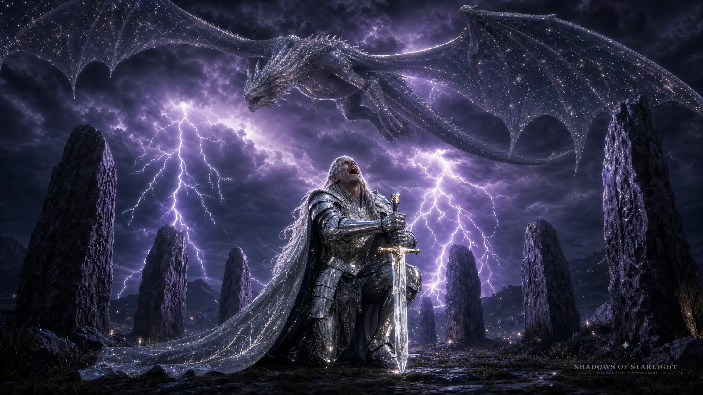 Ammetharion grieving at the stone-circle grave beneath the storm