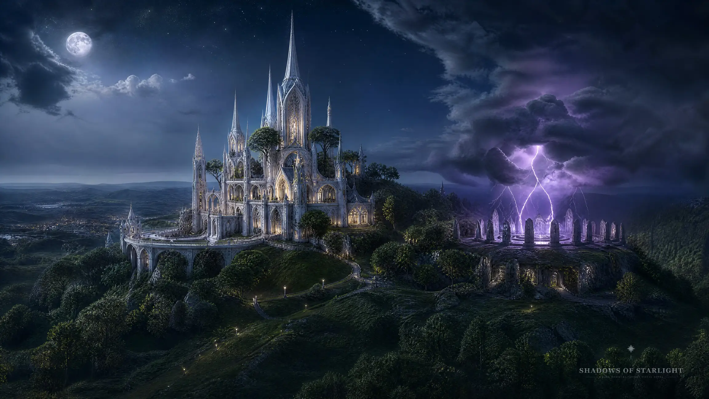 The castle Elen-Garth on its forest-edge hill in the moonlight