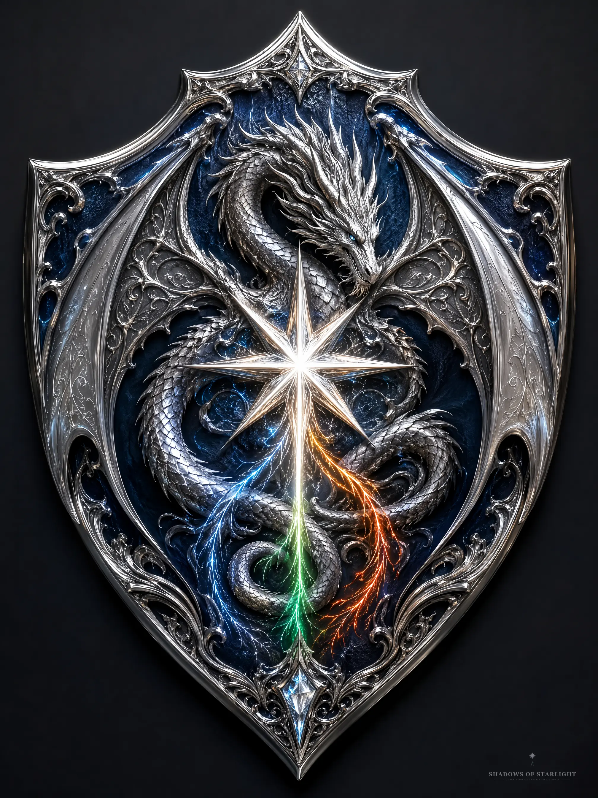 Crest of House Sternenfall: a silver dragon around a falling star with three element streams